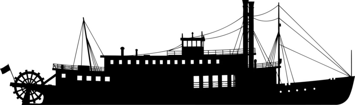 Historic river paddle steamer silhouette with rear water wheel