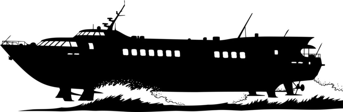 Hydrofoil passenger ferry silhouette speeding across the water surface