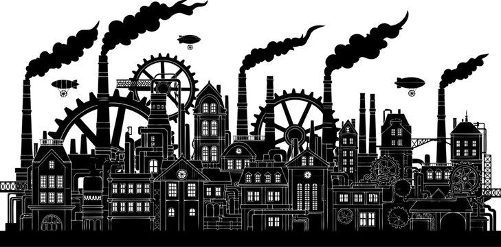 Industrial steampunk city silhouette with gears and smoking chimneys