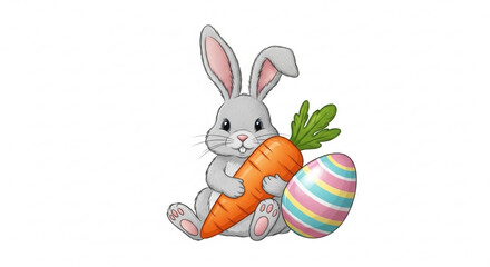 Obraz premium Cute gray bunny holding large orange carrot and colorful easter egg on white background