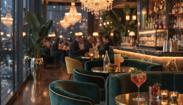 Cozy upscale bar lounge with chandeliers and cocktails