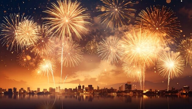 Stunning fireworks explode over a distant city skyline reflecting in tranquil water, under a vibrant sunset