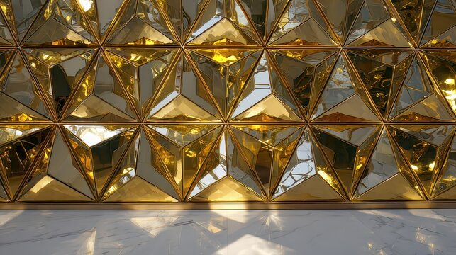 Geometric Golden Facade with Triangular Panes Reflecting Sky and Light, Creating a Pattern of Shimmering Gold and White on a Building Exterior