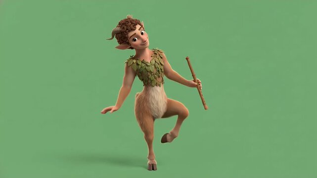 Mythical satyr or Pan character playing a flute, forest creature with goat legs and horns, fantasy music