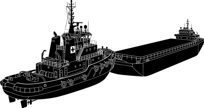 Tugboat pushing a large industrial cargo barge across open water