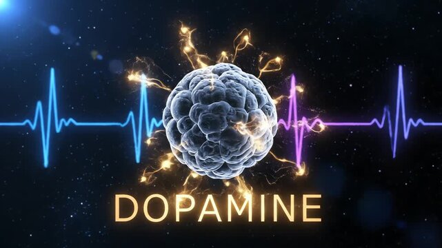 Dopamine brain neurotransmitter with heartbeat EKG line, symbolizing mood, pleasure, and addiction