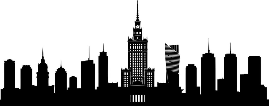 Warsaw city skyline silhouette featuring palace of culture and science