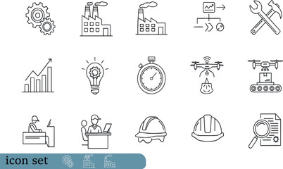 Fototapeta premium Print Industrial Manufacturing and Automation Icon Set Featuring Factory Production Smart Logistics Drone Delivery and Engineering Management Symbols