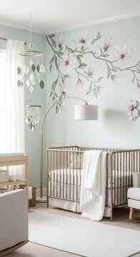 Nursery room interior with floral wall decal, crib, and modern furniture in soft pastel colors and natural light.