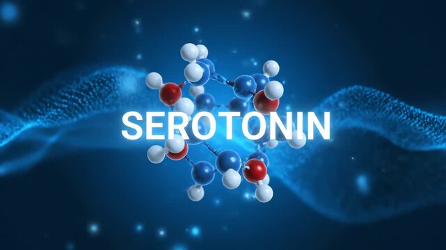 Scientific visualization of the Serotonin molecule, a key neurotransmitter, representing its essential function in brain chemistry, mood, and mental well-being concepts