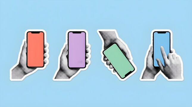 Multiple hands holding smartphones with different colored screens in a vintage collage halftone art style