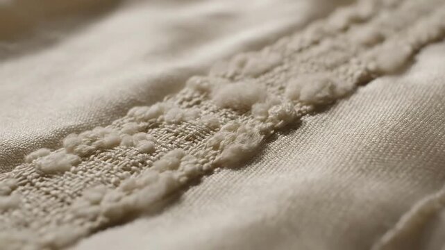 Close-up of beige fabric with intricate lace pattern and textured weave.