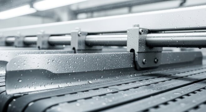 Automated conveyor system detail with water droplets reflecting clean manufacturing processes