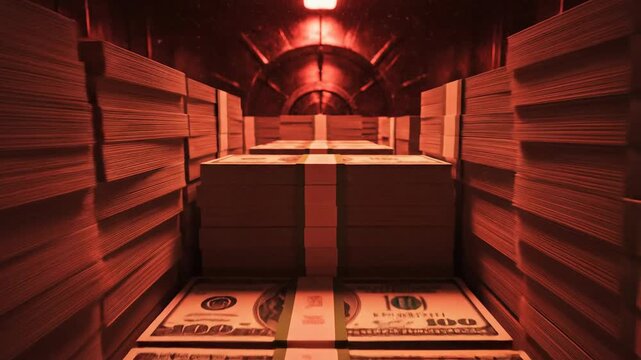 Stacks of US Dollar Bills in a Vault, Money Stored in a Secure Bank Repository