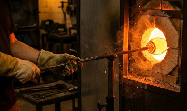 glassblower s hands turning a molten glass gathering on a blowpipe inside a glory hole furnace