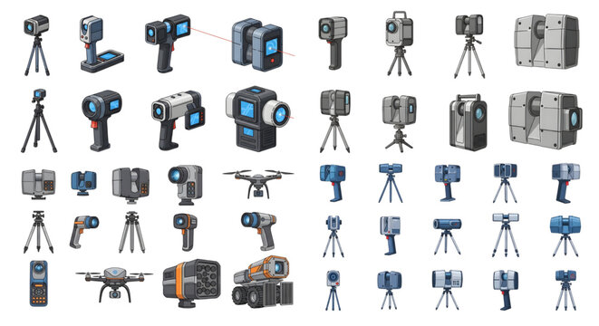Isometric Land Surveying and 3D Scanning Equipment Vector Icon Set, various land surveying and 3D scanning tools, including LiDAR scanners, total stations, drones, handheld scanners, tripods 