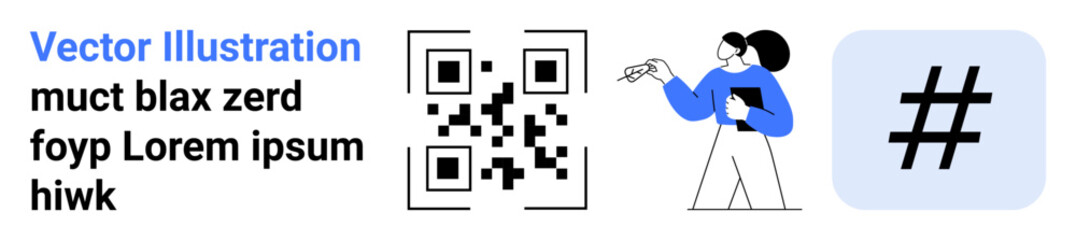 Obraz premium Woman pointing at QR code and metadata tag, emphasizing marketing, identification, social engagement, technology, branding, digital tools, simple landing page