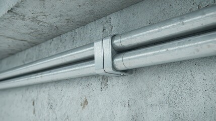 Metal Pipes Installation on Cement Ceiling in Dim Lighting, Architectural Background, Industrial Design, Gray Concrete Wall Interior, Clean and Organized Appearance