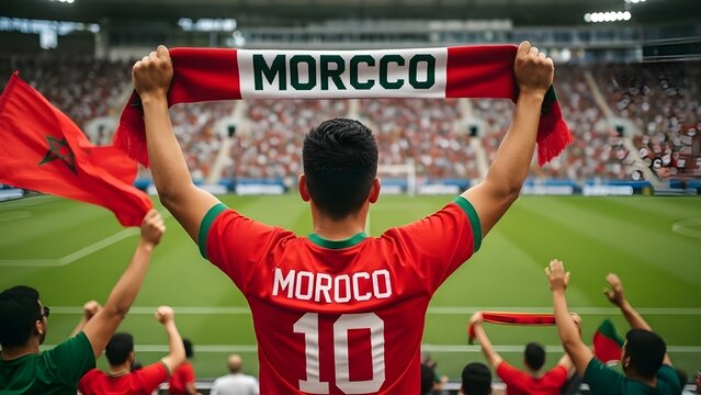 Moroccan football fan waving a flag and wearing a jersey at a stadium