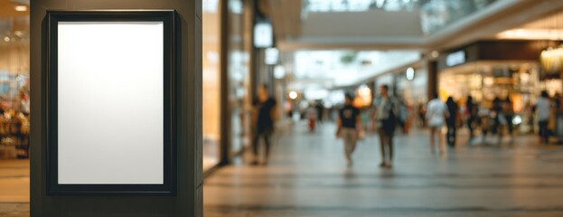 Obraz premium Blank advertisement display mockup in busy shopping mall with people walking 