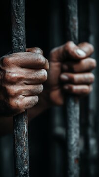 Hands gripping prison bars in dark, confined environment, vertical photo