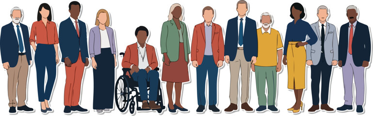 Diverse Group of People Standing Together Including Man in Wheelchair Isolated on White Background