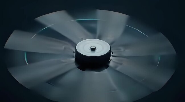 Close-up of a rotating fan in motion, creating a blur effect against a dark background.