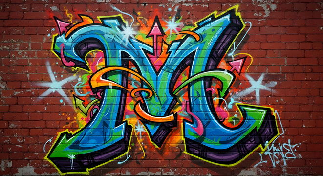 Urban street art style letter M in a wildstyle pattern
