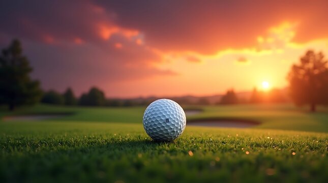 A single golf ball rests on the lush green grass of a golf course at sunset.
