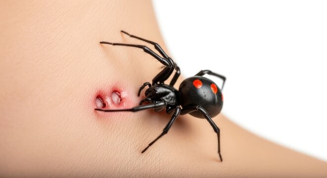 Close-up of a black widow spider biting a person's skin evoking fear and danger