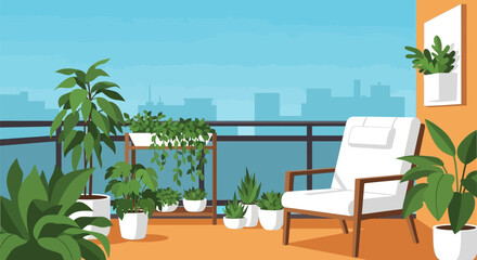 Obraz premium Potted Plants and White Chair on Balcony.