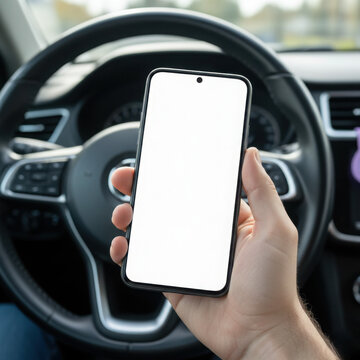 Close-up of a man's hand holding a black smartphone with a blank white screen, positioned in front of a car steering wheel, suitable for app display or navigation mockups.