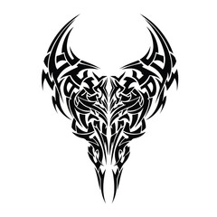 Fototapeta premium Intricate black tribal bull skull design suitable for tattoos, decor, and graphic art.