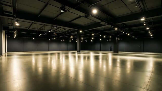 Spacious modern empty black exhibition hall with polished concrete floor and track lighting