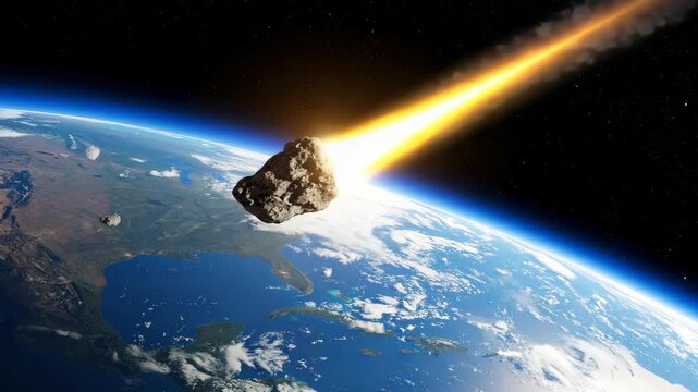 Asteroid streaks across Earth's atmosphere creating a fiery trail, cosmic impact