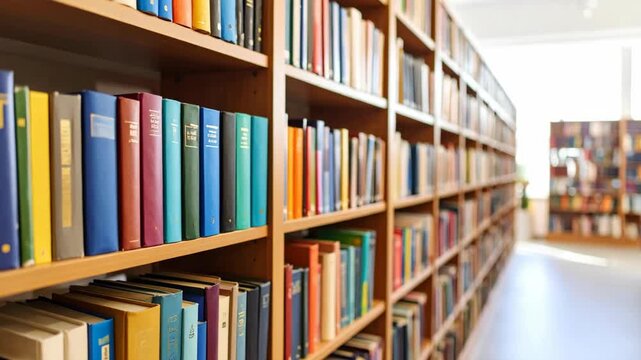 Rows of diverse books neatly arranged on wooden library shelves with natural light