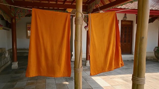 Saffron Buddhist Monk Robes Drying In A Temple Courtyard