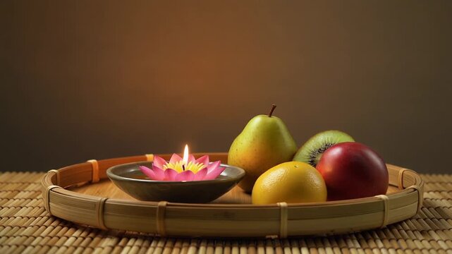 Vesak Festival Offering With Lotus Candle And Fruits On Bamboo Tray