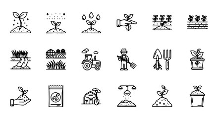 Fototapeta premium Agriculture line icon collection. Includes farming, gardening, tractor, plants, seeds, and harvest symbols. Created in minimalist style with black and white palette