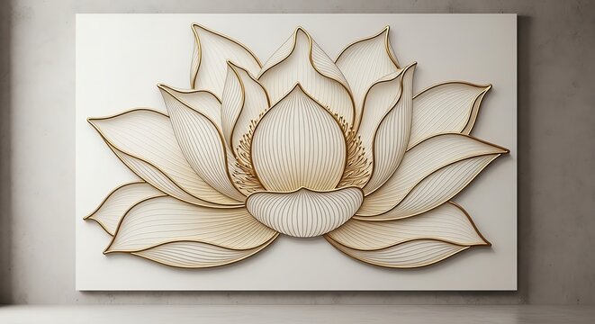 A wooden lotus flower artwork with intricate design and golden outline hung on a gray wall with a white background.