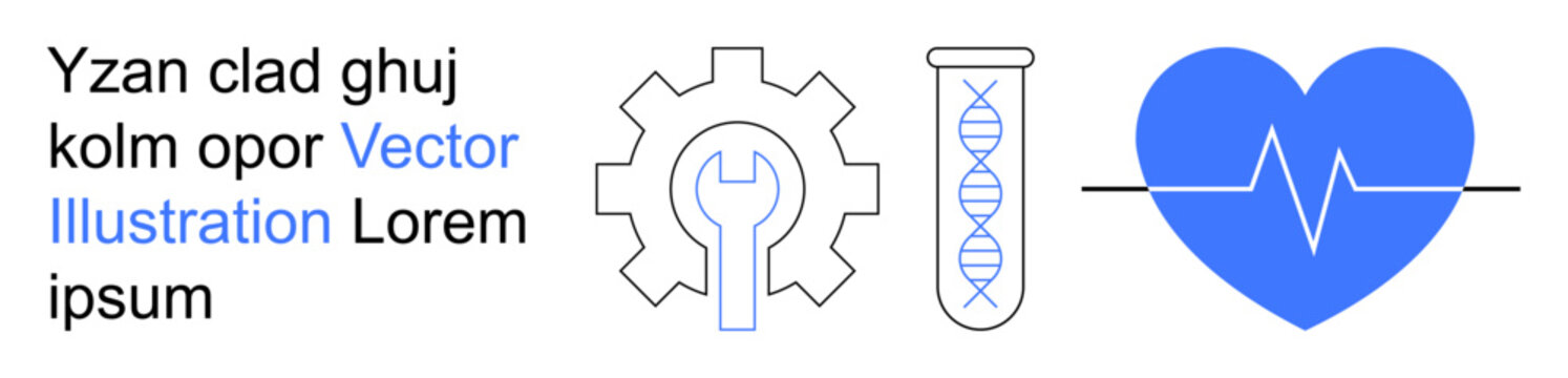 Healthcare, biotechnology, engineering, diagnostics, innovation, medical research. Gear, DNA test tube and heart with heartbeat line in vector style. Healthcare and biotechnology visualization