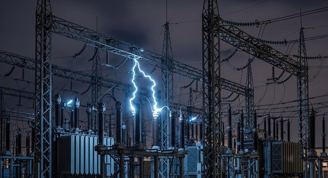 Electric Power Substation at Night with Lightning Strike