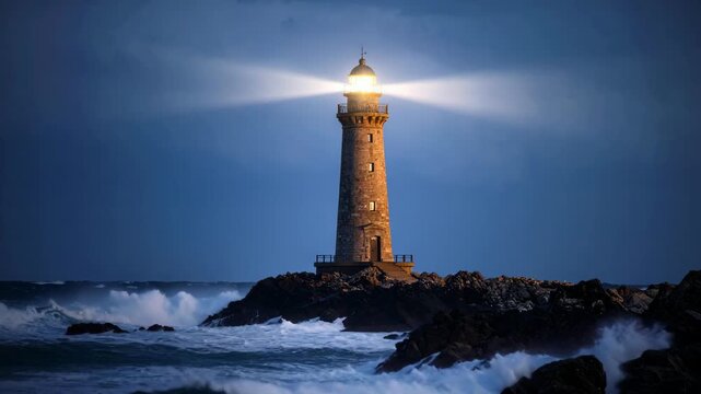 Tall stone lighthouse with bright rotating beam illuminating choppy ocean waves at dusk