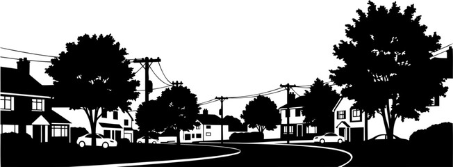 Suburban residential street silhouette featuring houses and trees lining a curved road