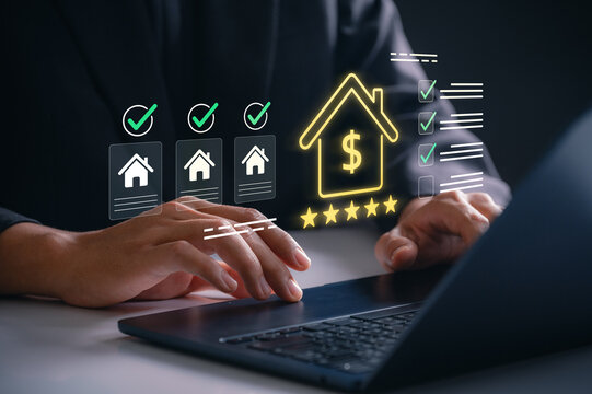 Real estate approval and property rating. reviewing online mortgage approval with five star home loan rating and digital checklist on laptop, real estate financing evaluation and fintech banking