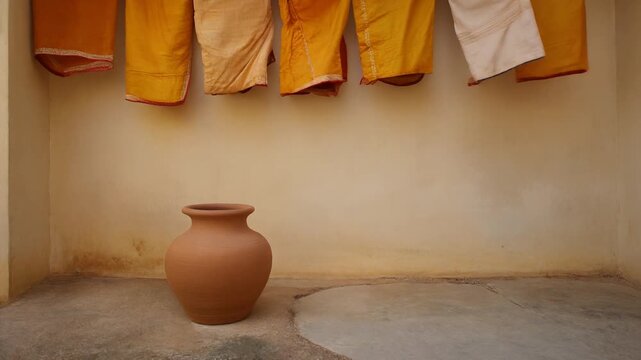 Buddhist Monk Saffron Robes Hanging Above Terracotta Pot