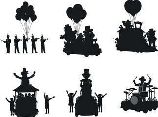 Festival Parade Float Silhouette Set with Marching Band, Balloons, Cartoon Characters and Celebration Crowd Vector Illustration Collection © Sammi's World
