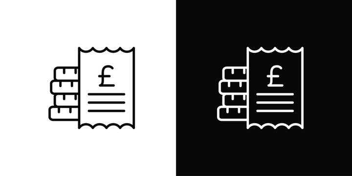 Line art icon illustrating financial transactions, a receipt with a pound sterling symbol, and stacked coins for money management and budgeting