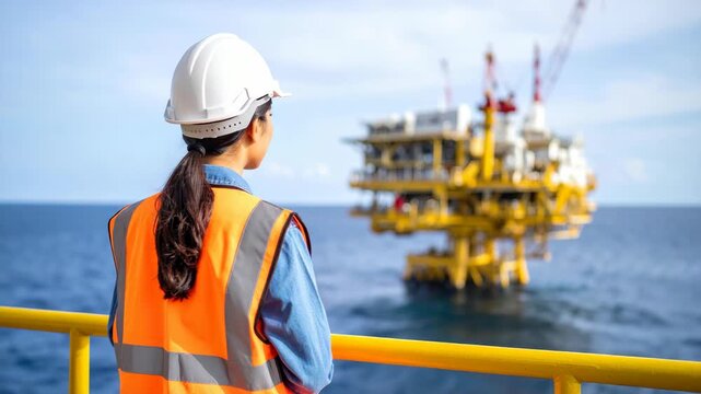 Woman in hard hat and safety vest looks out at offshore oil rig platform at sea