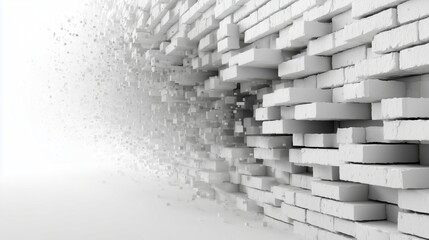 Breaking the Barrier: A dynamic perspective of a brick wall seemingly dissolving into fragments, symbolizing overcoming obstacles and breaking through limitations.